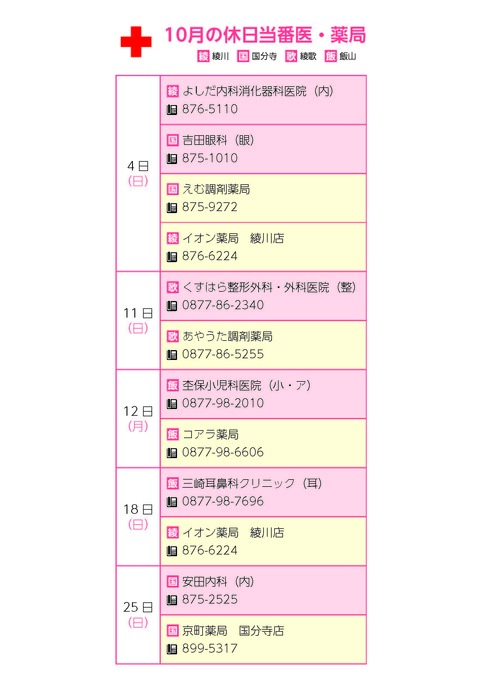 休日当番医・薬局_2026.10月 10月休日当番医