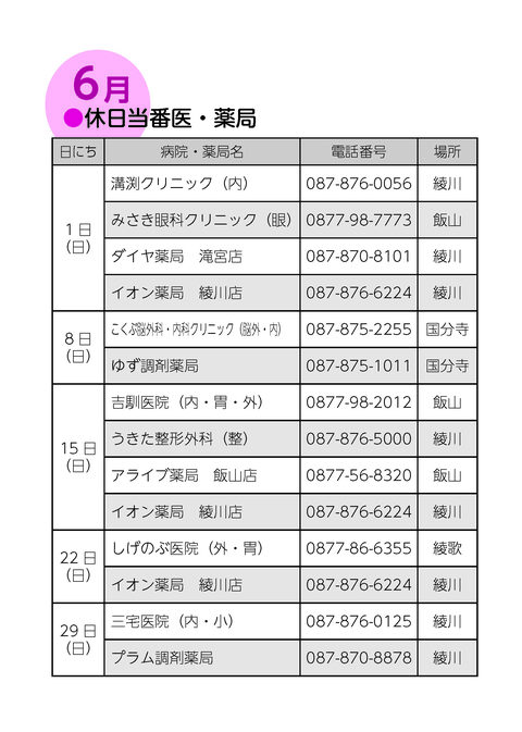 6月休日当番医