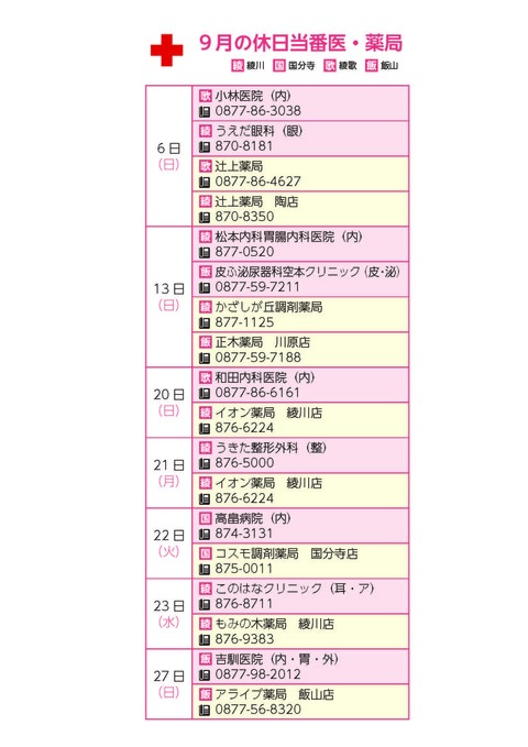 休日当番医・薬局_2026.9月 9月 休日当番医